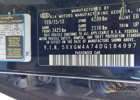 2013 Kia Optima Lx z USA, uszkodzony, nr VIN 5XXGM4A74DG184997